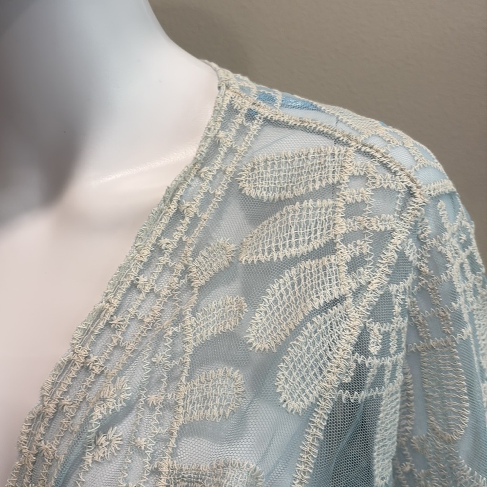 Rebellion Sheer Mesh Embroidered Beach Cover Up Cardigan Size M Blue Long Duster - Picture 6 of 14
